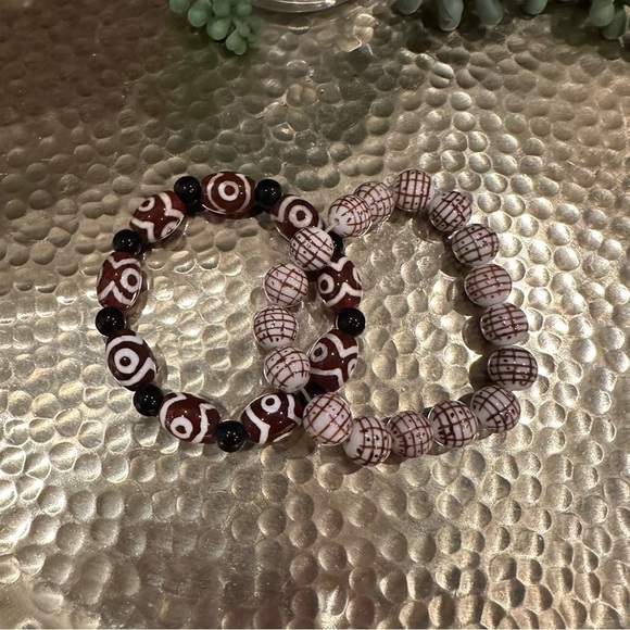 Pair of vintage glass bead bracelets elastic expandable brown and white - Picture 3 of 12